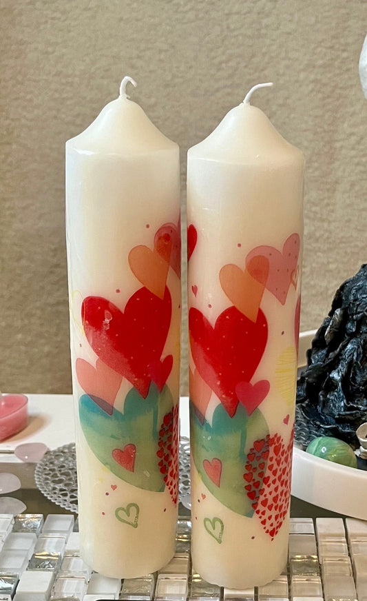 Large Pillar candle with red, pink and green hearts 75hour burning