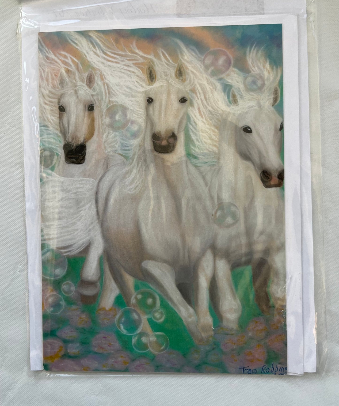 Greeting card- Healing Art Grace (White Horses galloping forward with bubbles )