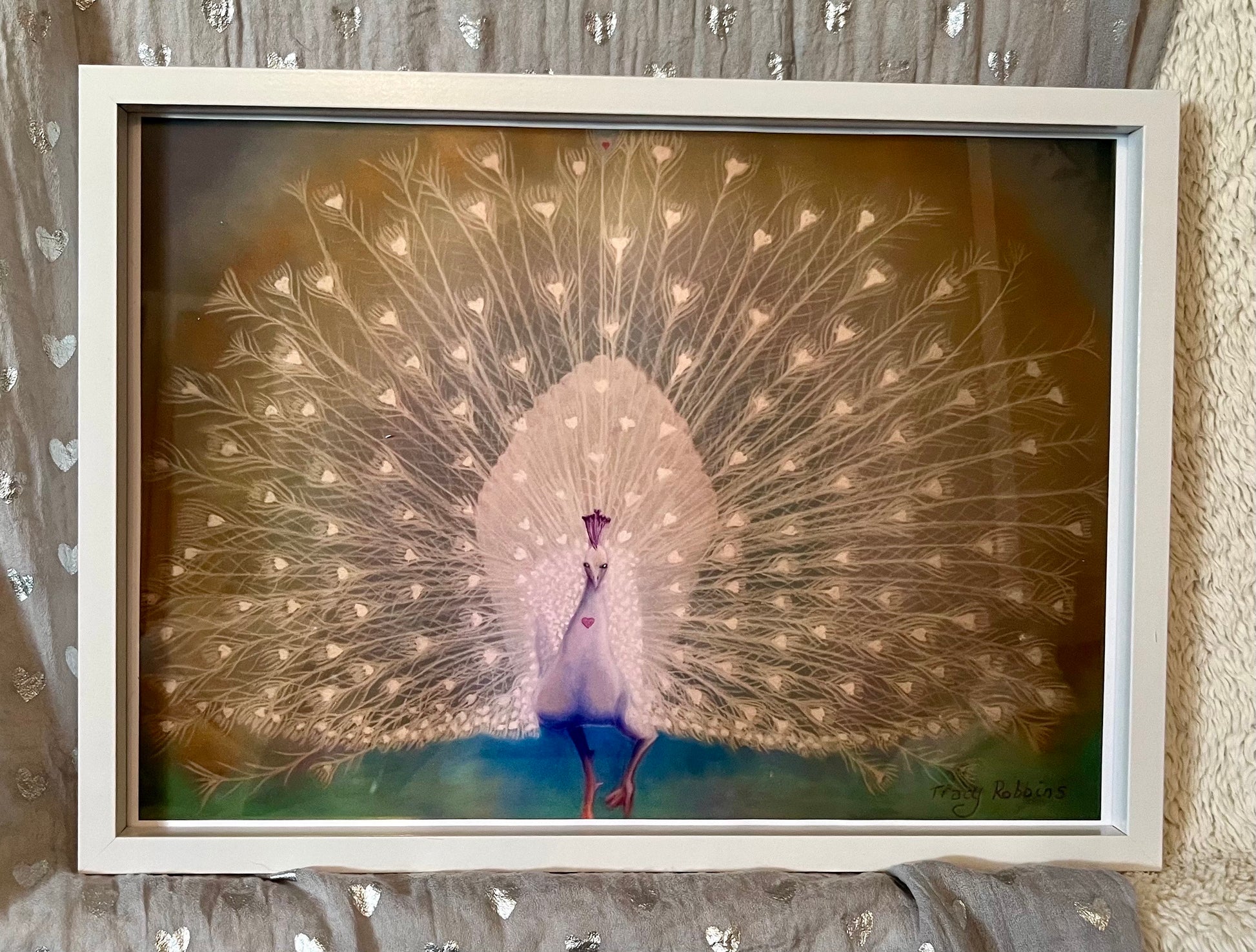 Framed A3 Art Print ( no Matt) - Healing Art Soul Purpose (white peacock with feather display)