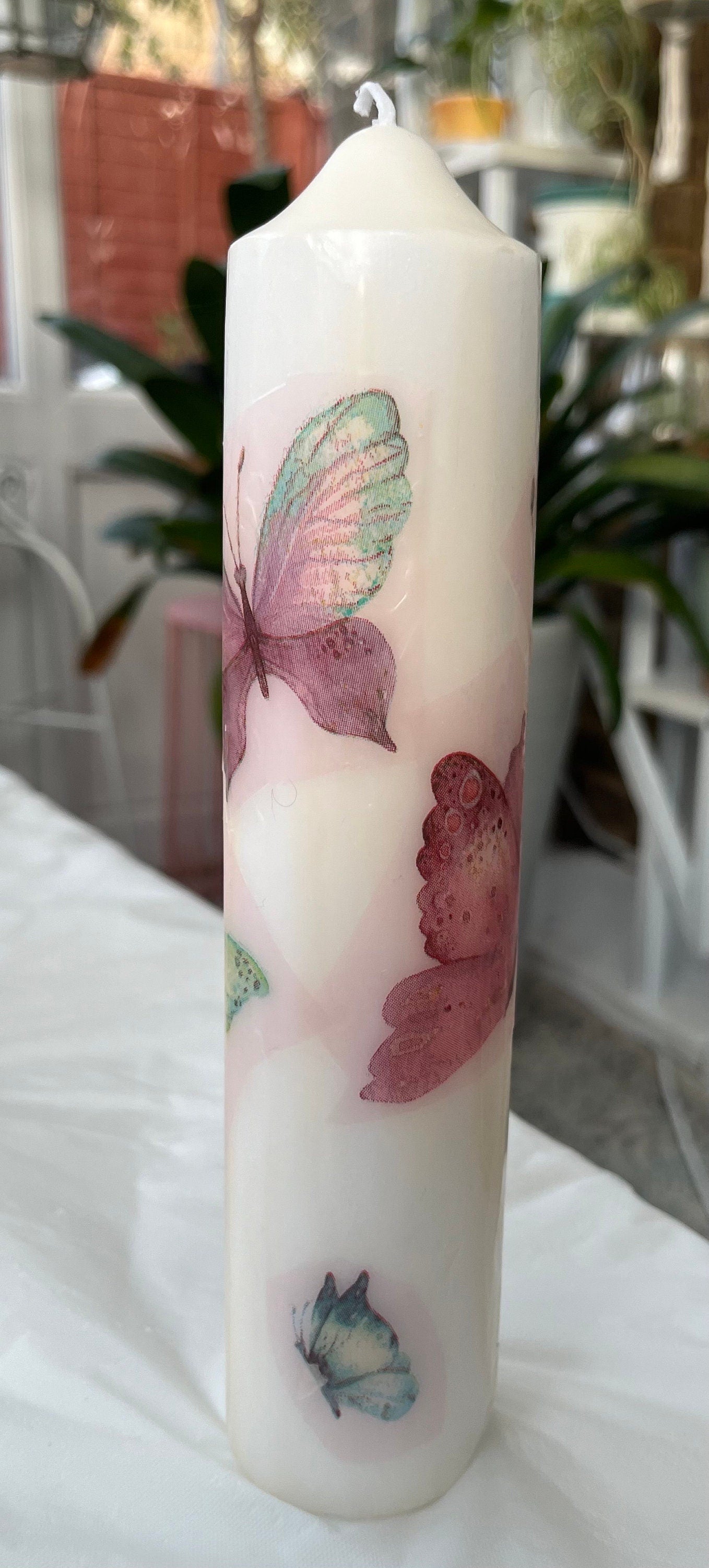 Large Pillar candle with butterflies 75hour burning