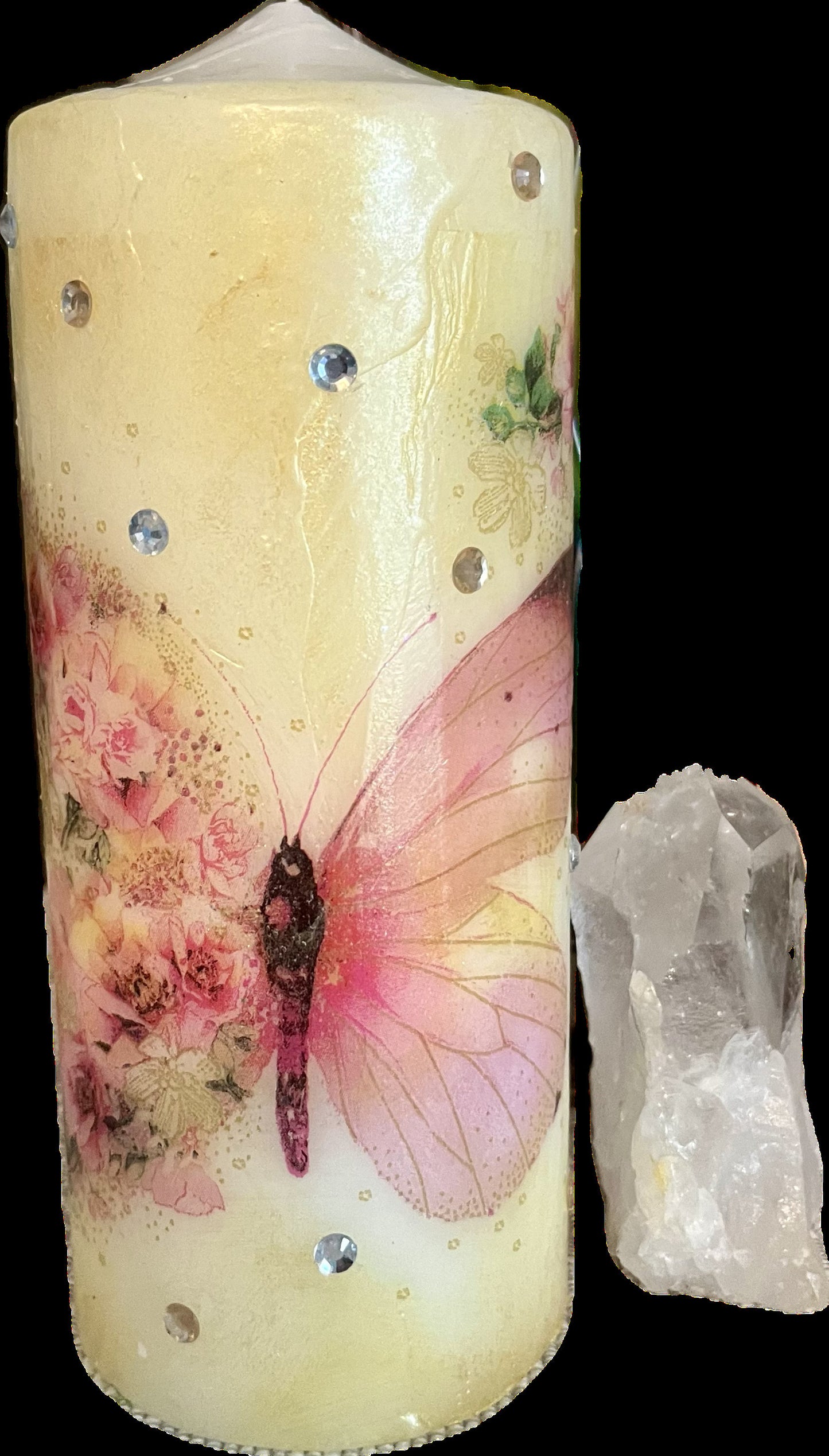 Pillar candle, pink and soft gold floral butterfly design with some sparkles 120hours burning