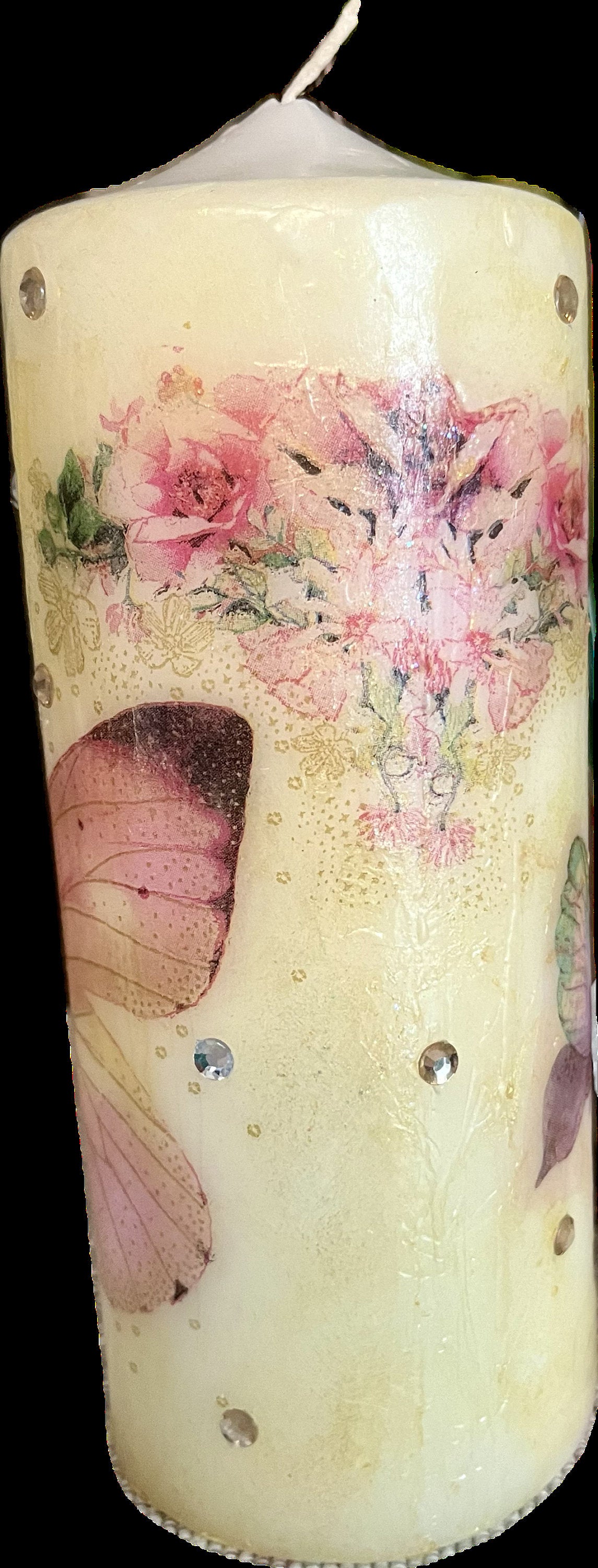 Pillar candle, pink and soft gold floral butterfly design with some sparkles 120hours burning