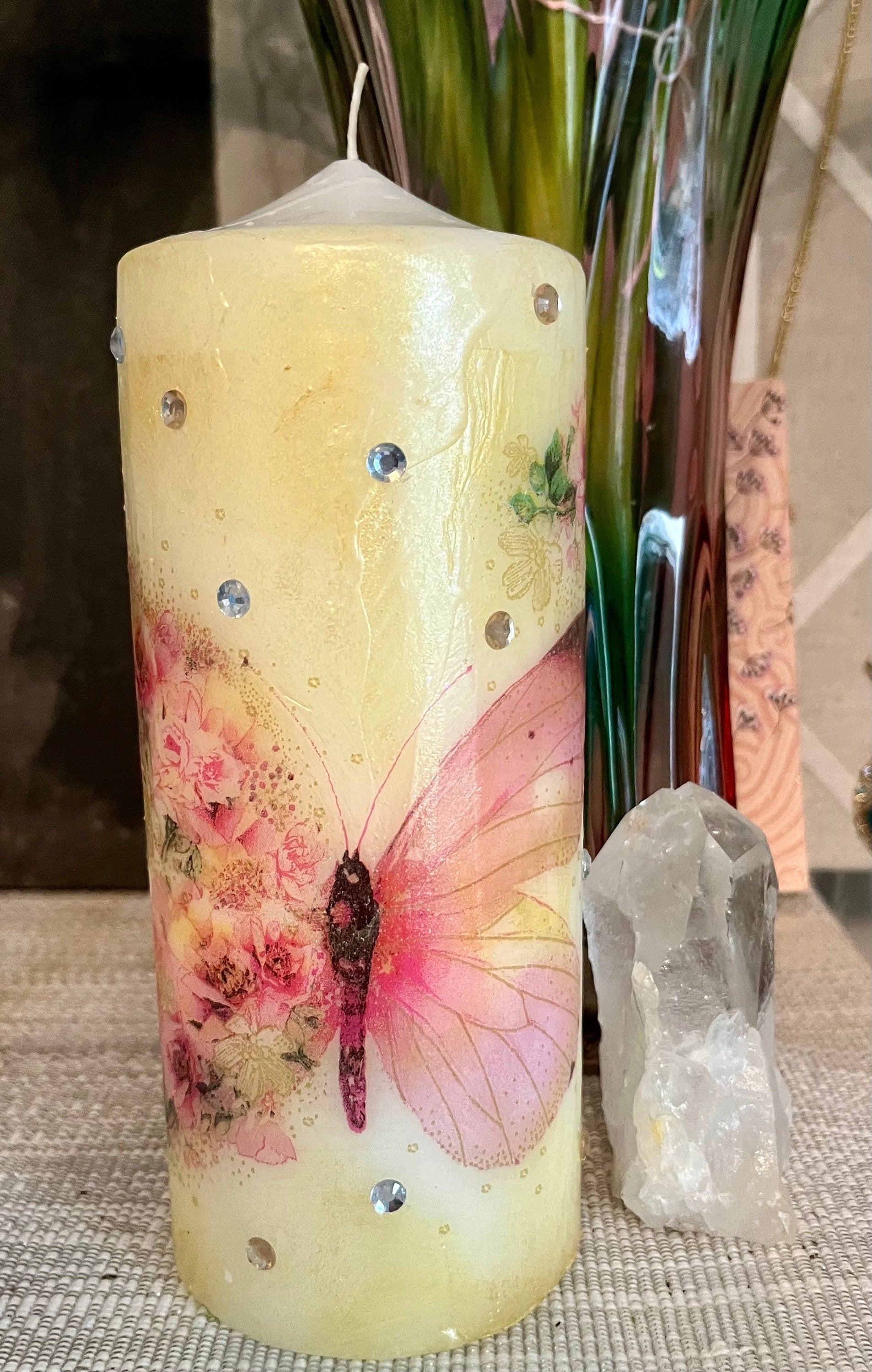 Pillar candle, pink and soft gold floral butterfly design with some sparkles 120hours burning