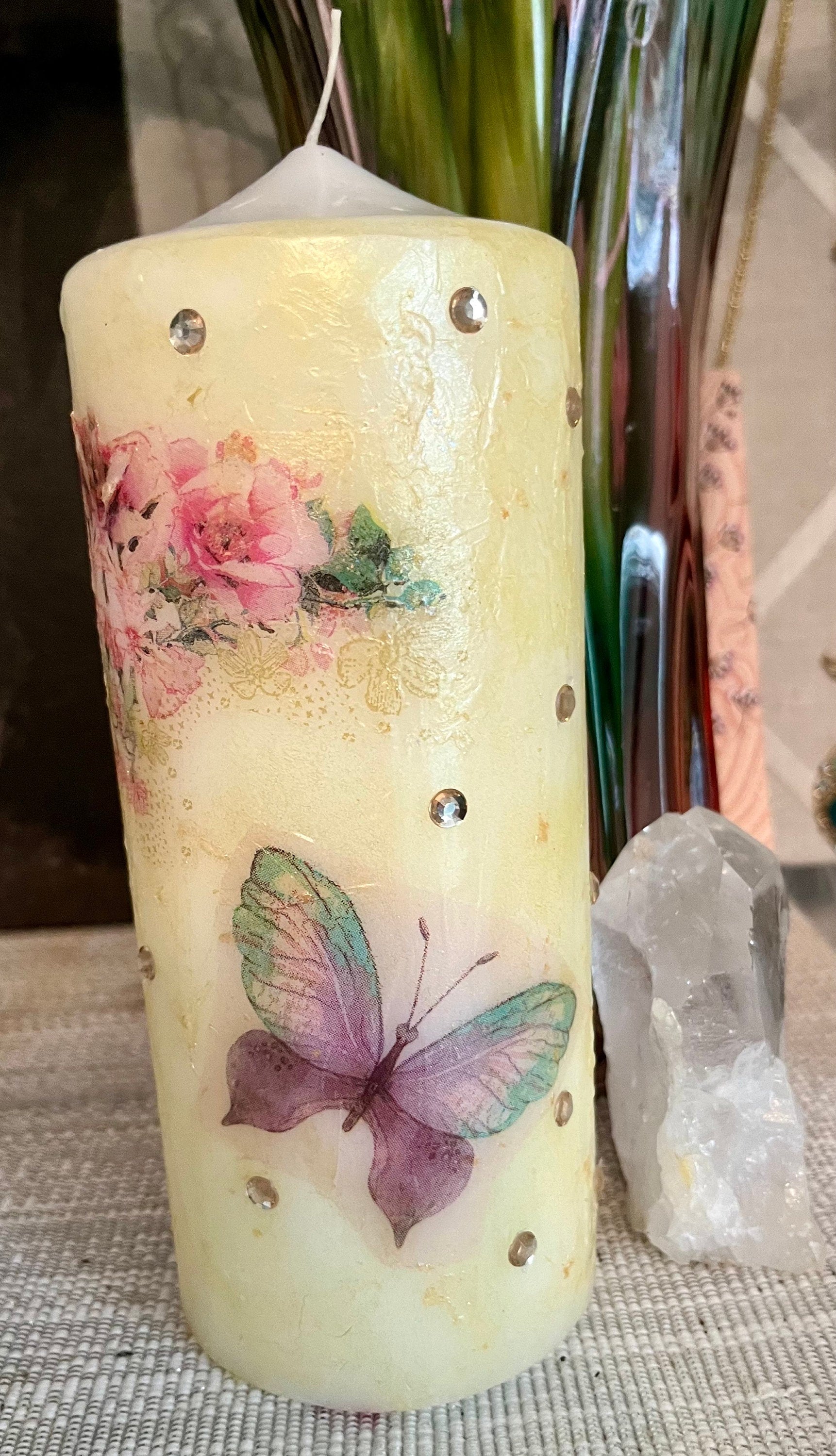 Pillar candle, pink and soft gold floral butterfly design with some sparkles 120hours burning