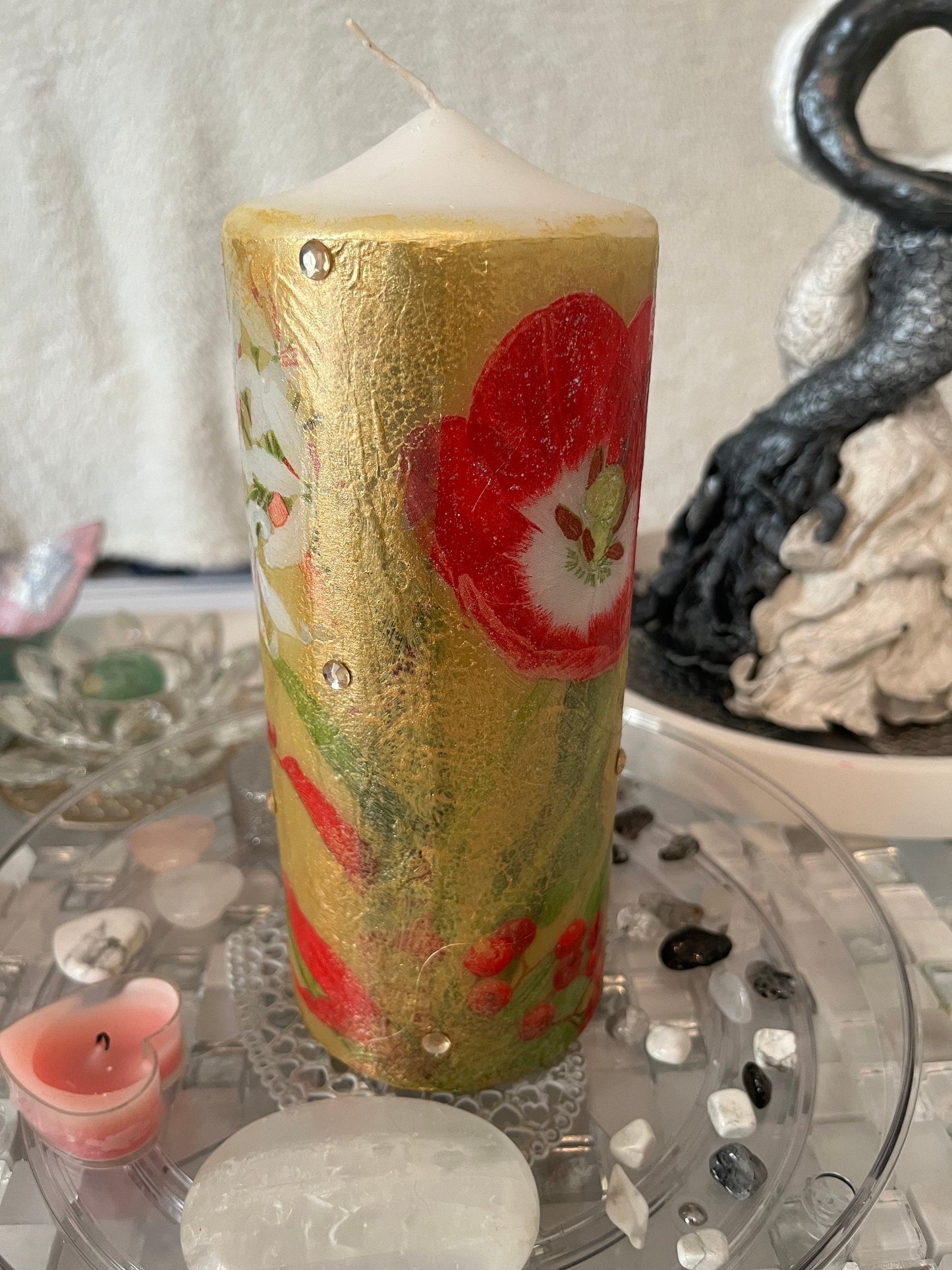 Pillar candle, red, gold and white floral design with poppies 120hours burning