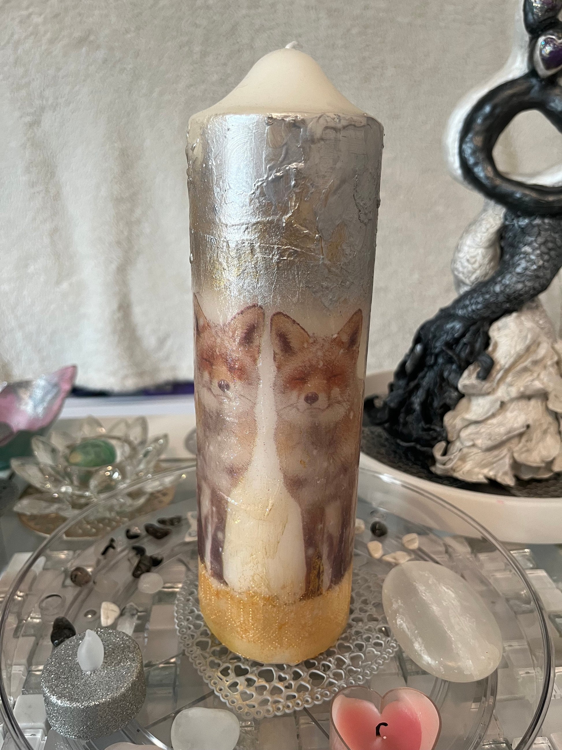 Large Pillar candle, silver and soft gold fox pair design with some sparkles 100hours burning