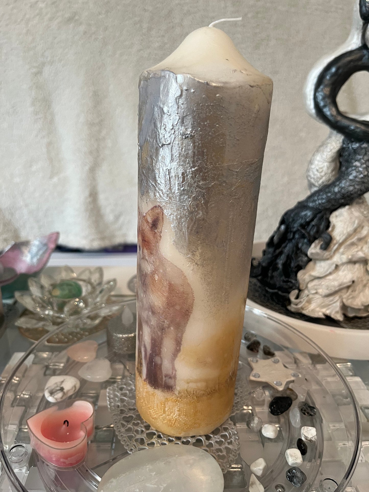 Large Pillar candle, silver and soft gold fox pair design with some sparkles 100hours burning