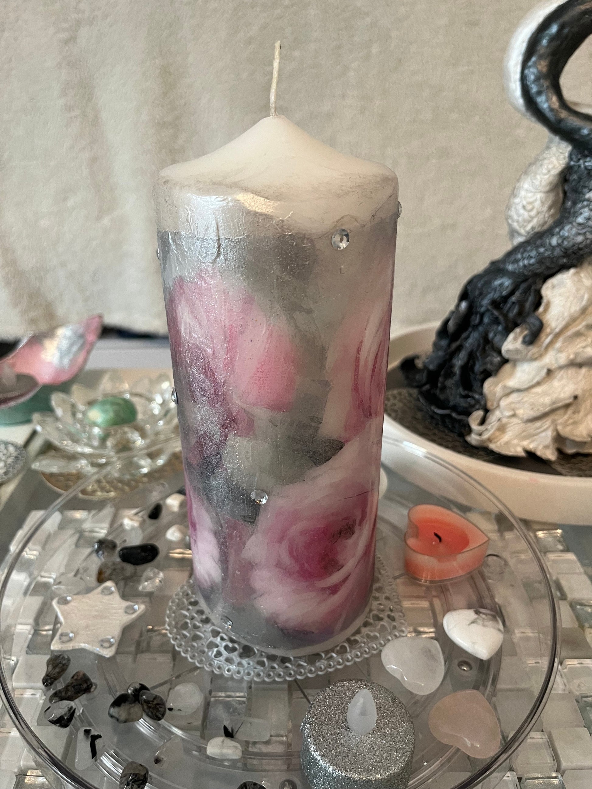 Large Pillar candle, pink,silver and soft grey floral rose design with some sparkles 120hours burning