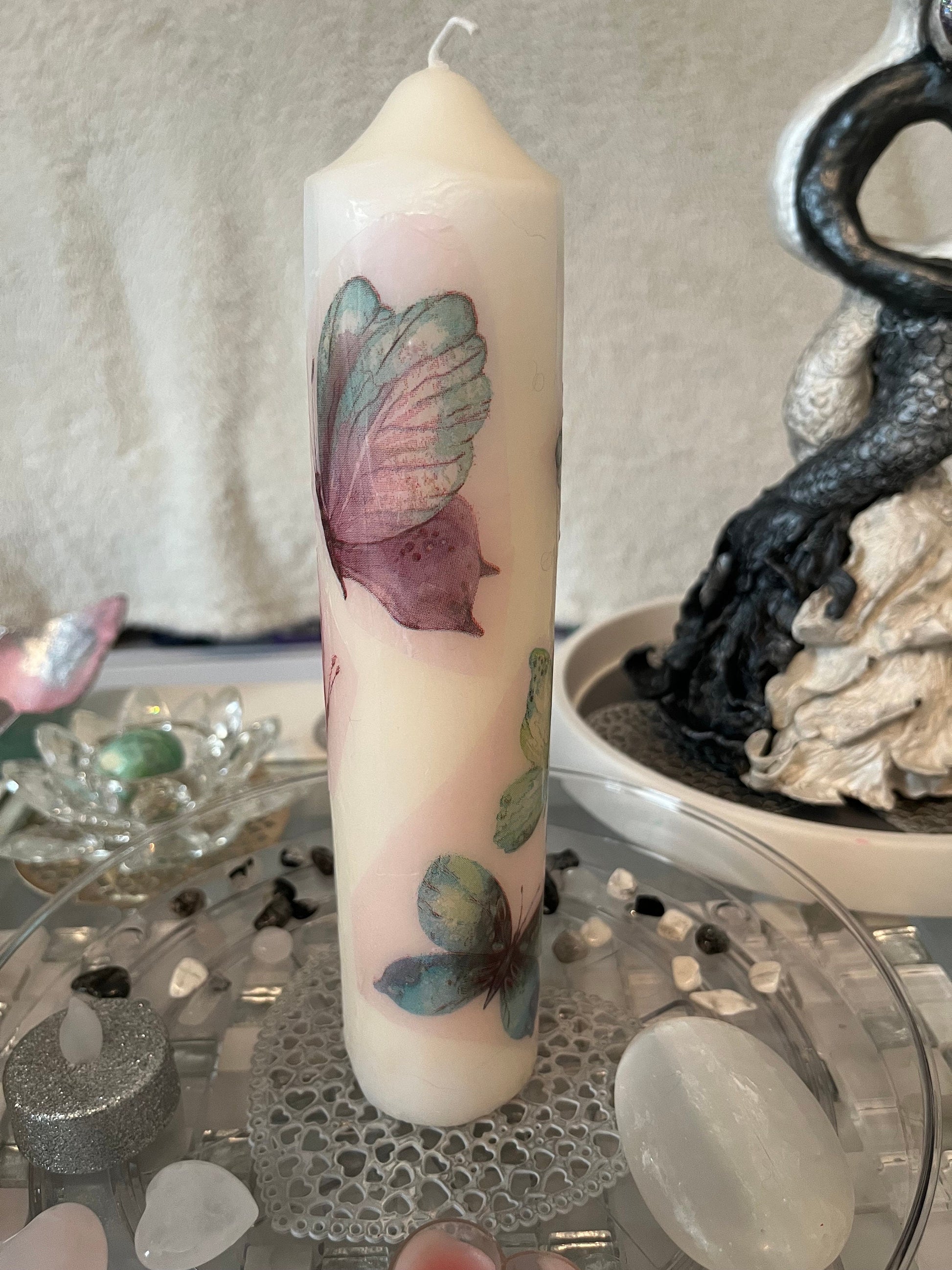 Large Pillar candle with butterflies 75hour burning