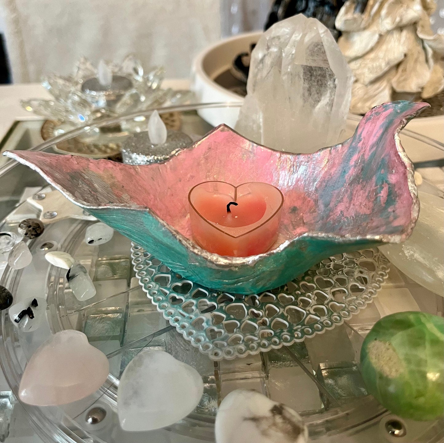 Dragonfly imprinted ( subtle) trinket tray/candle holder/crystal holder pink, soft green and silver