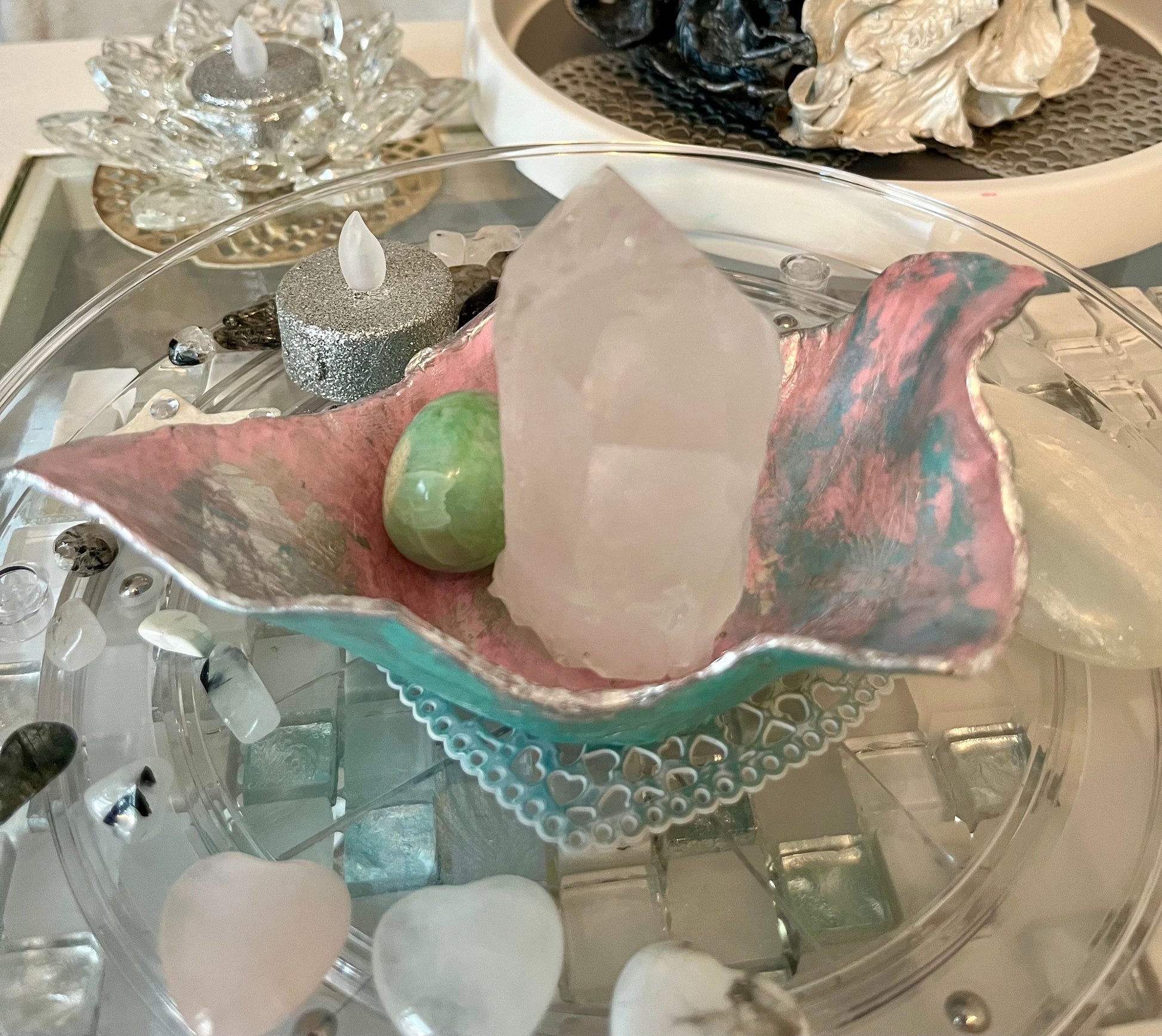 Dragonfly imprinted ( subtle) trinket tray/candle holder/crystal holder pink, soft green and silver