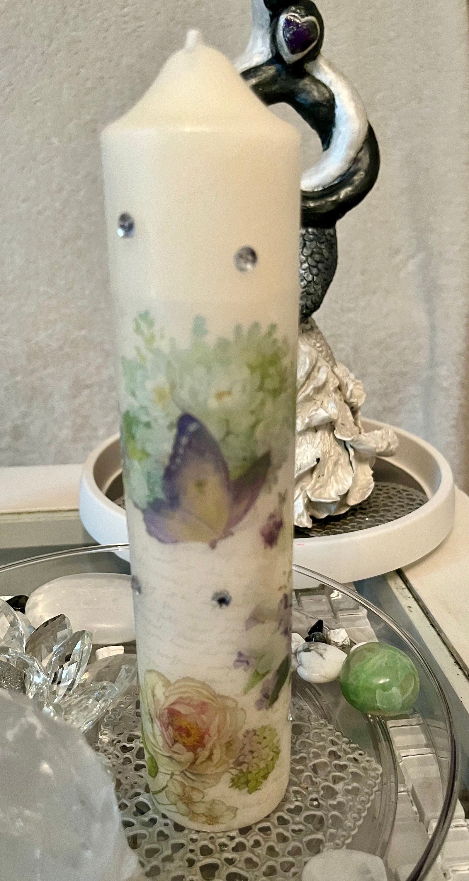 Tall Pillar candle floral with butterflies, whites and pastel colours, 75hour burning