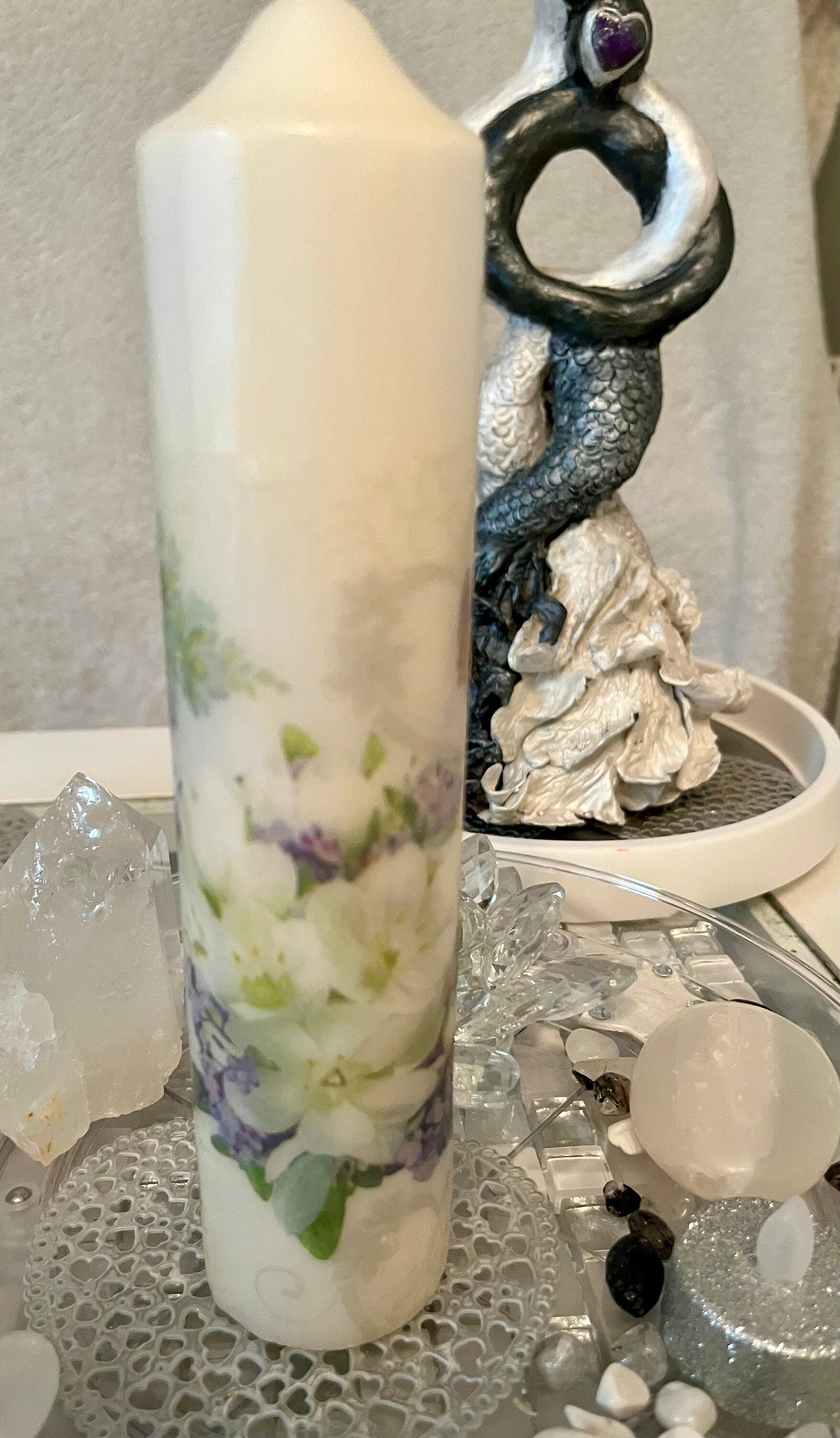 Tall Pillar candle floral with butterflies, whites and pastel colours, 75hour burning