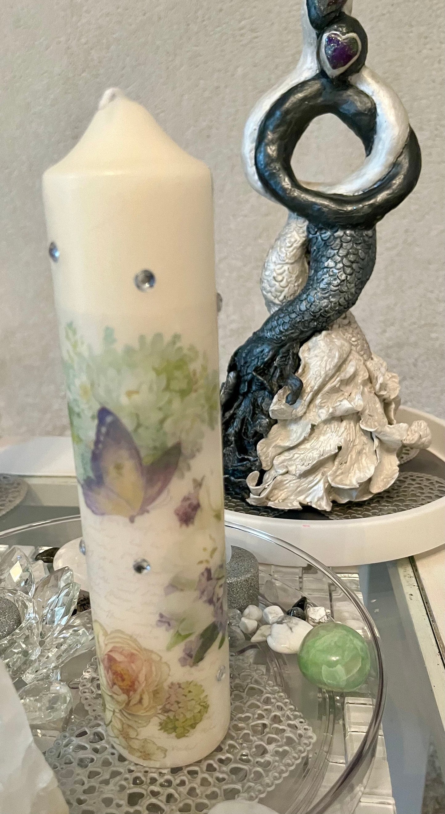 Tall Pillar candle floral with butterflies, whites and pastel colours, 75hour burning