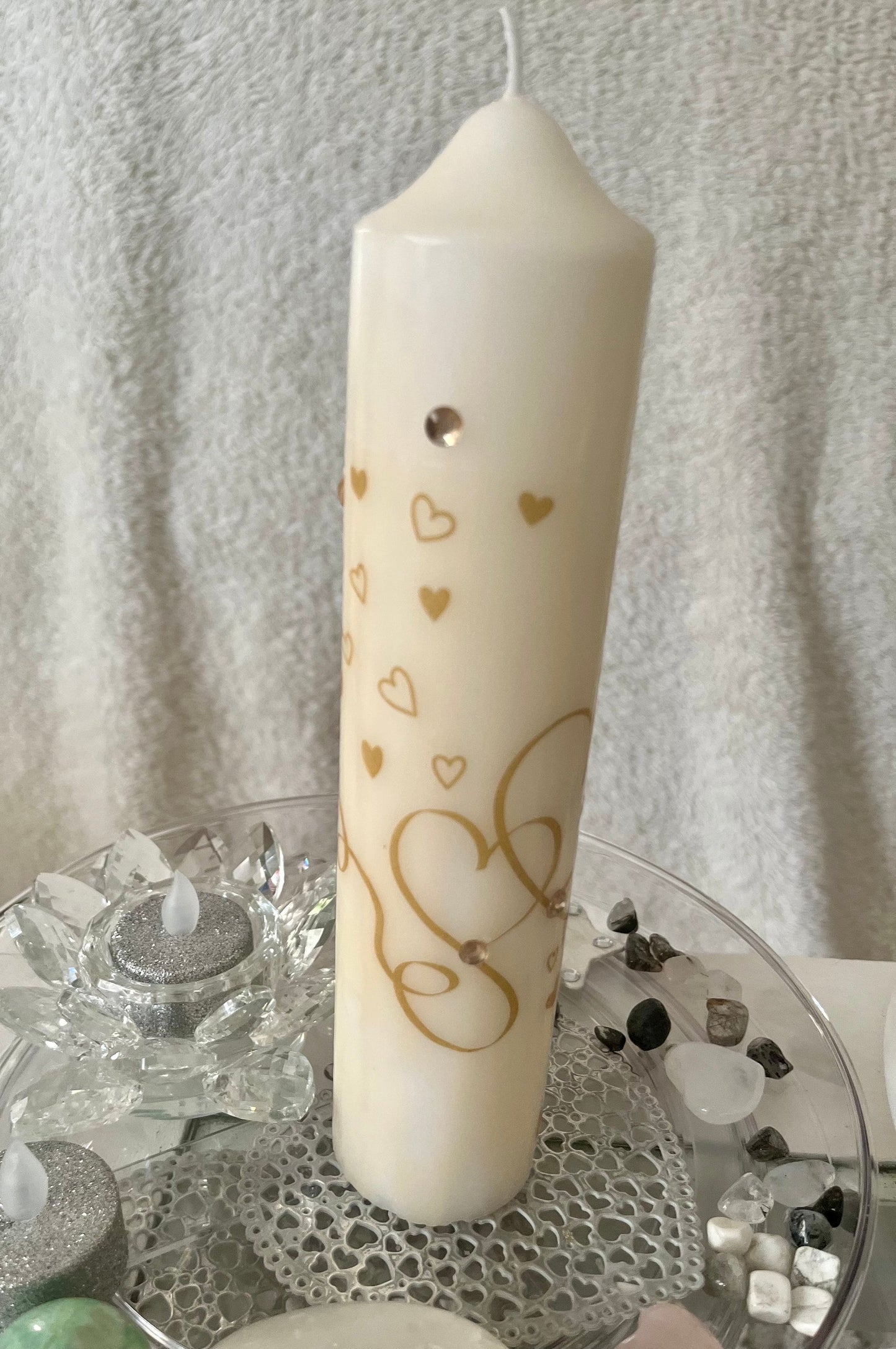 Tall Pillar candle with golden love heart design and sparkles 75hour burning, gift for lovers