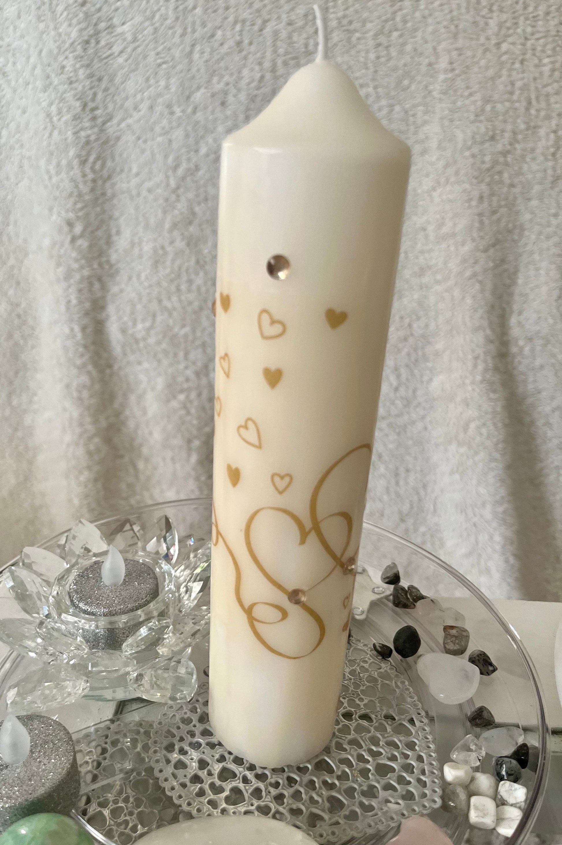 Tall Pillar candle with golden love heart design and sparkles 75hour burning, gift for lovers