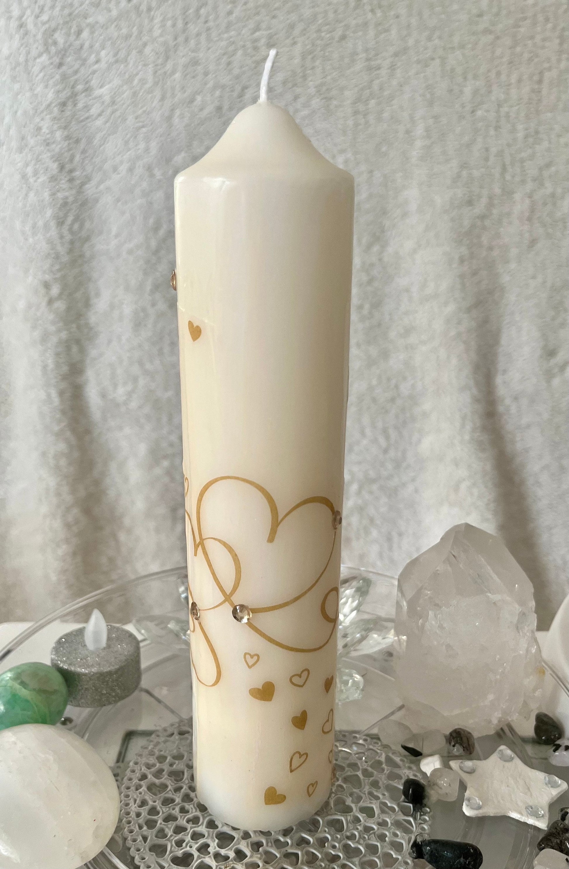 Tall Pillar candle with golden love heart design and sparkles 75hour burning, gift for lovers