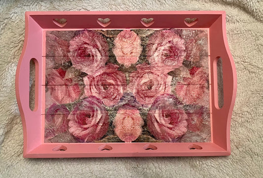 Pink tray with heart cut outs and rose decoupage design rectangular tea tray