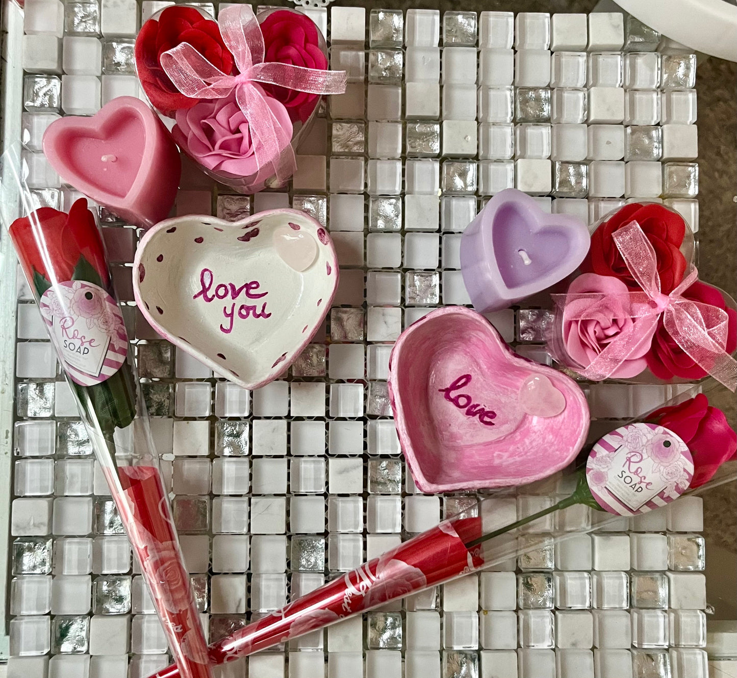 Valentines Day gift set, choice of2: heart candle, rose quartz crystal heart, soap stem rose, soap roses set, love heart tray, optional card