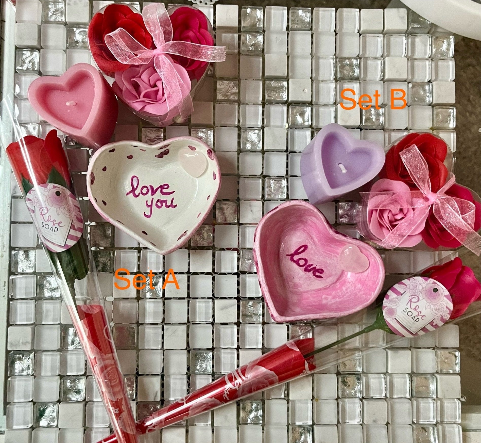 Valentines Day gift set, choice of2: heart candle, rose quartz crystal heart, soap stem rose, soap roses set, love heart tray, optional card