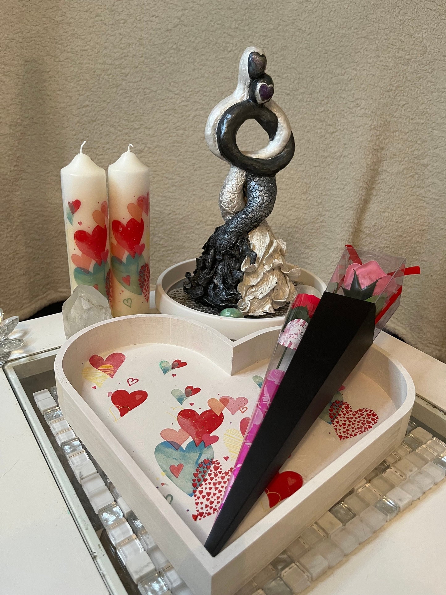 Bright pink and multicolour hearts design heart shaped tray, on own or as a set with matching pillar candles, optional addition of soap rose