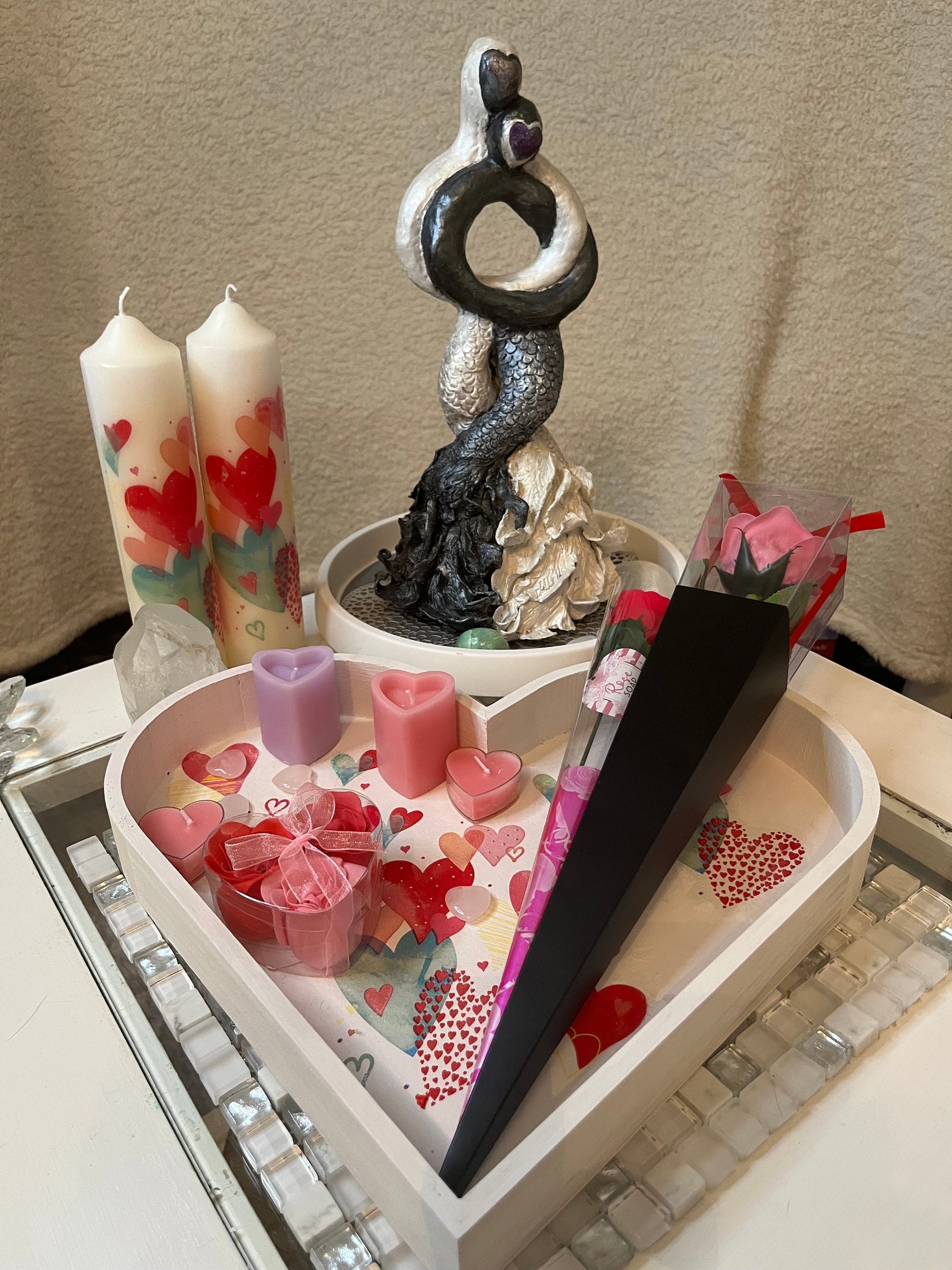 Bright pink and multicolour hearts design heart shaped tray, on own or as a set with matching pillar candles, optional addition of soap rose