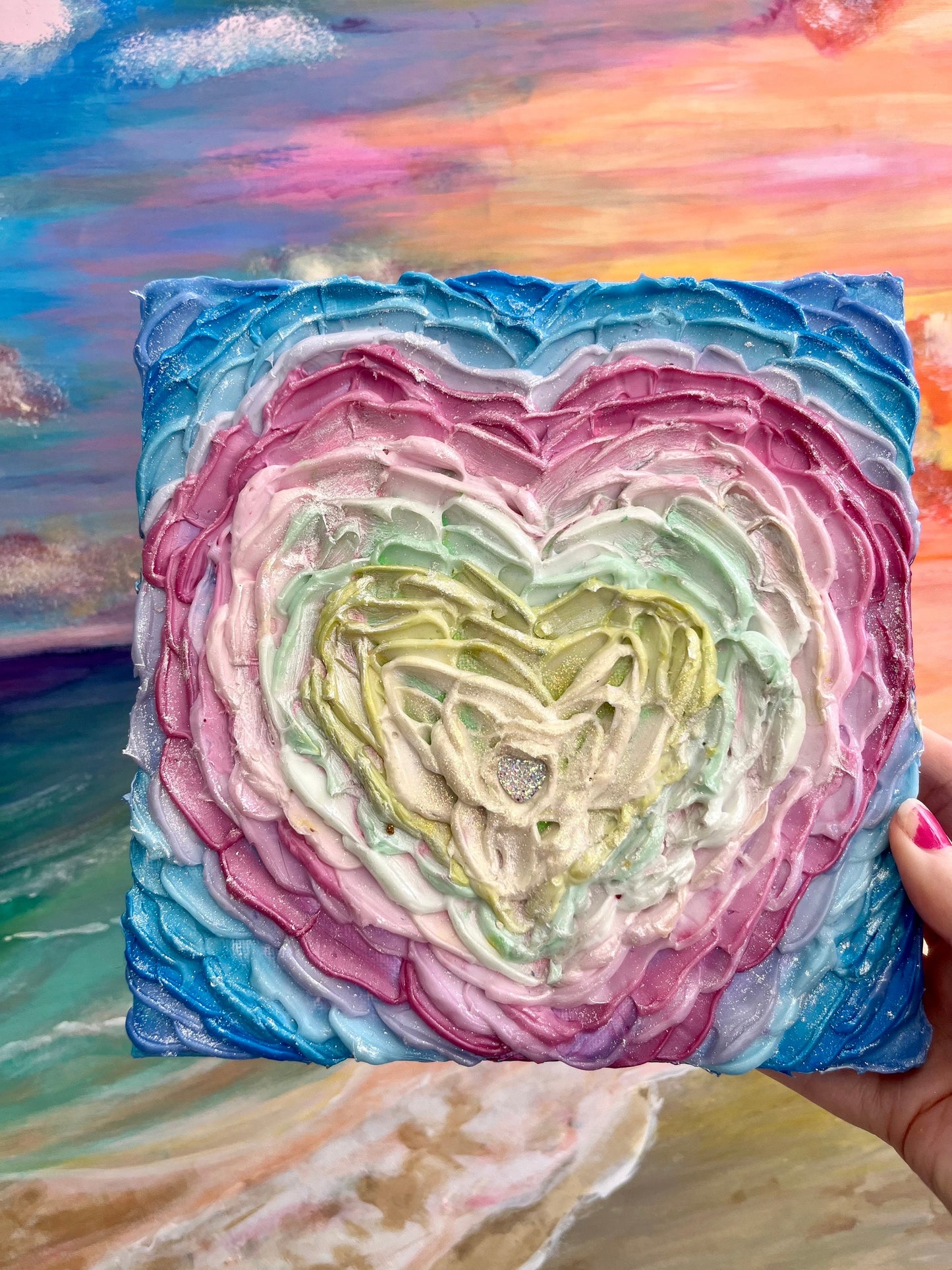 Pastel Rainbow heart flower textured 3D petals, acrylic painting on canvas 20cm x 20cm with sparkles and opalescent highlights