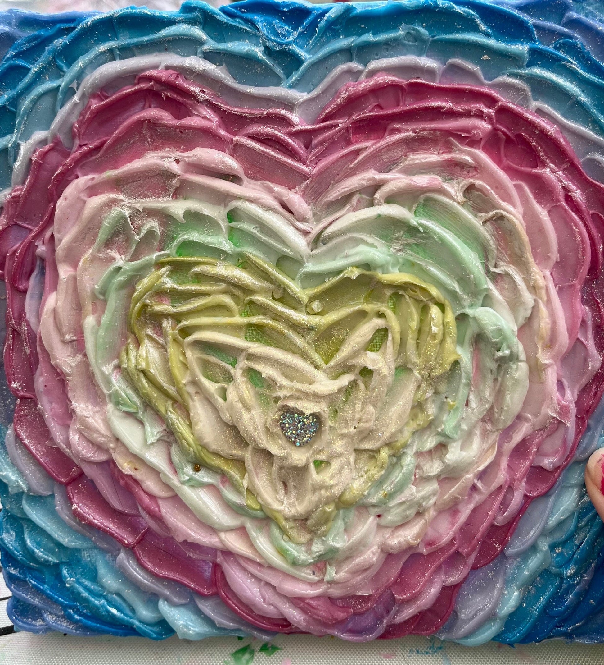 Pastel Rainbow heart flower textured 3D petals, acrylic painting on canvas 20cm x 20cm with sparkles and opalescent highlights