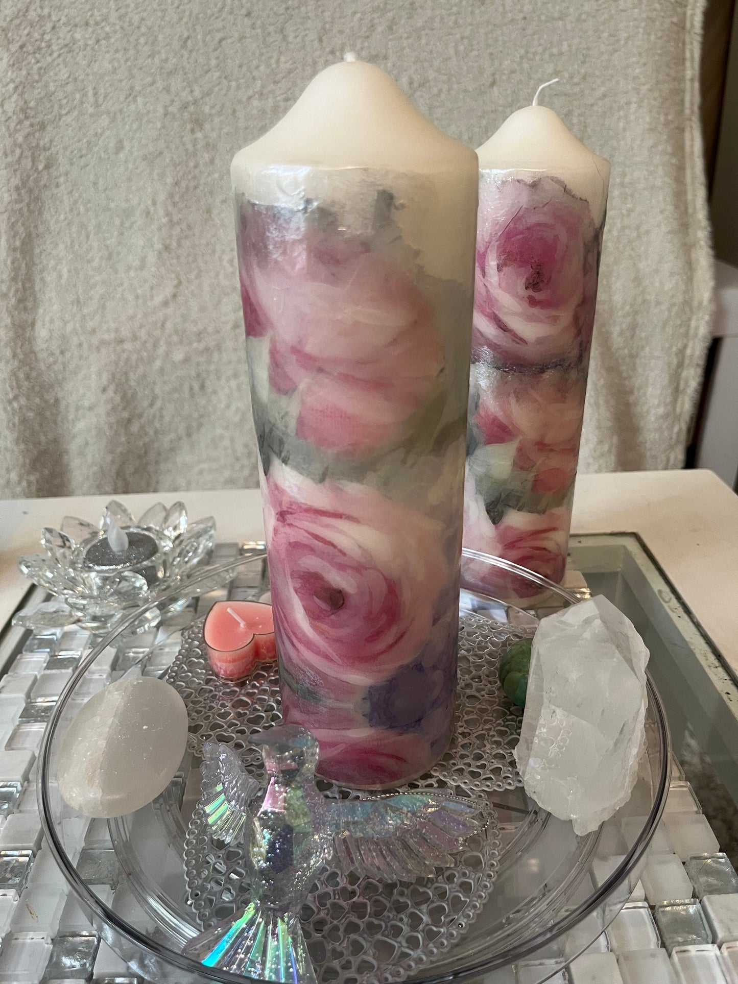 Large Pillar candle, pink,silver and soft grey floral rose design 160 hours burning