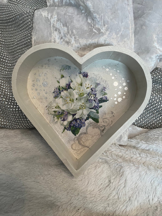 White, Soft purple and soft green floral design heart shaped tray, on own or as a set with matching pillar candles ( one or two)