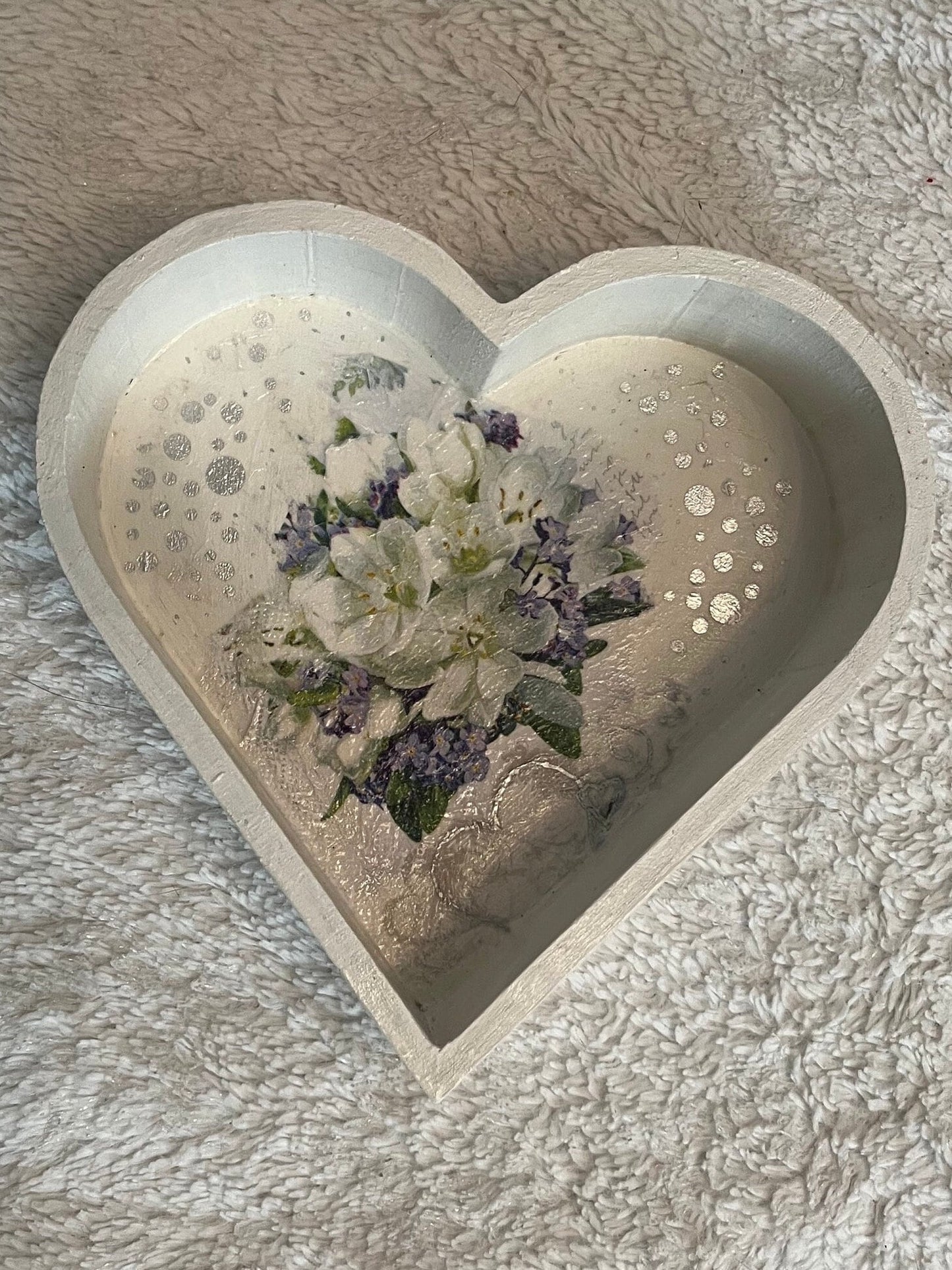 White, Soft purple and soft green floral design heart shaped tray, on own or as a set with matching pillar candles ( one or two)