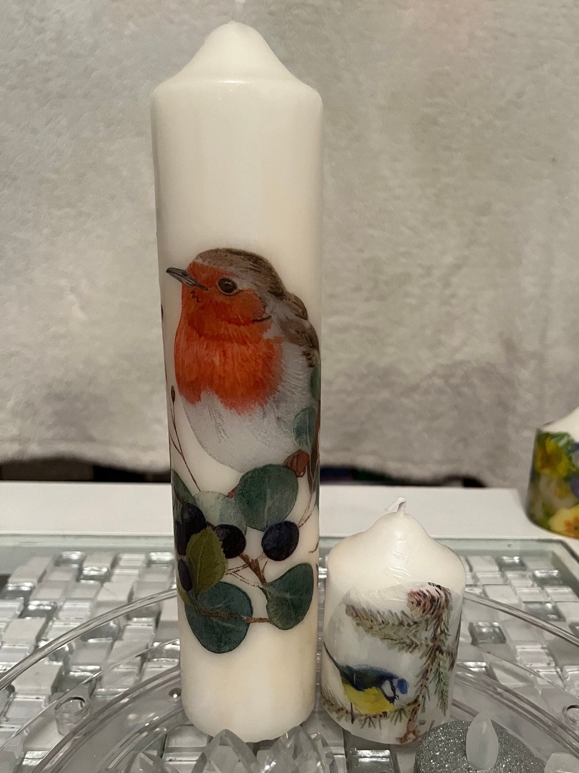 Tall Pillar candle with Robin in branches design and 75hour burning