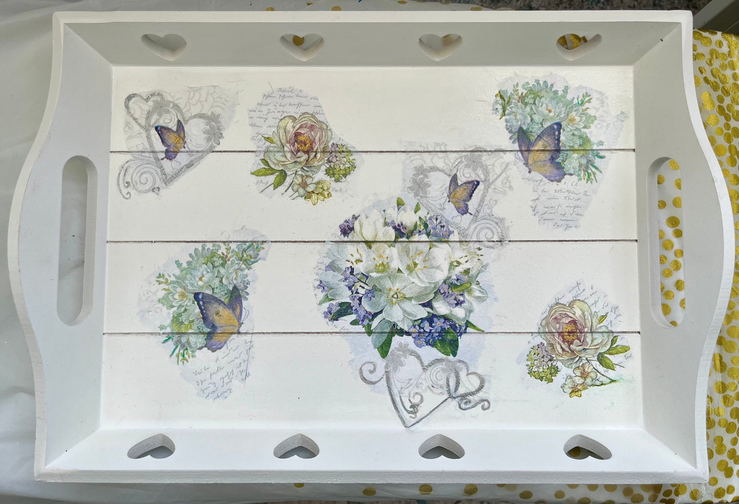 Soft purple and soft green floral and butterfly design rectangular tea tray, on own or as a set with matching pillar candles ( one or two)