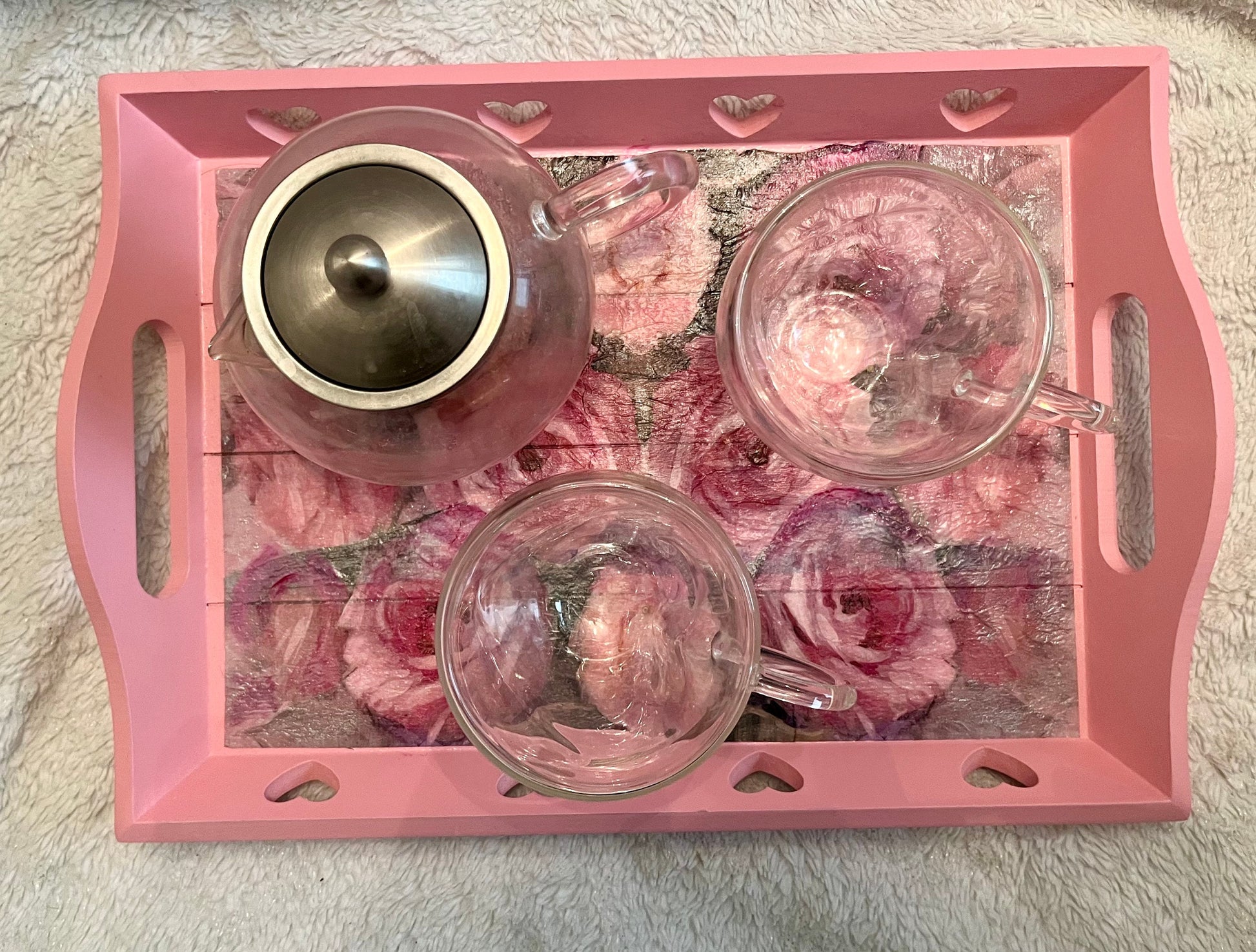 Pink tray with heart cut outs and rose decoupage design rectangular tea tray