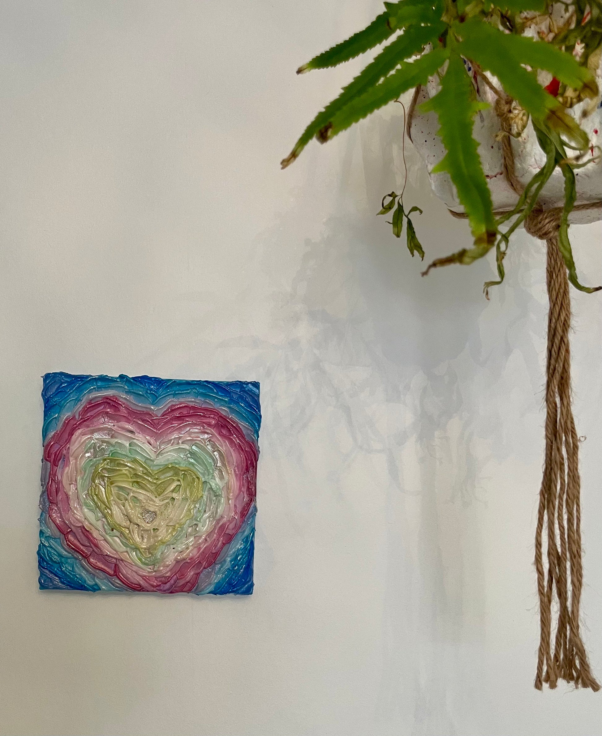 Pastel Rainbow heart flower textured 3D petals, acrylic painting on canvas 20cm x 20cm with sparkles and opalescent highlights