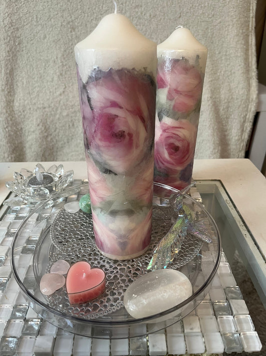 Large Pillar candle, pink,silver and soft grey floral rose design 160 hours burning