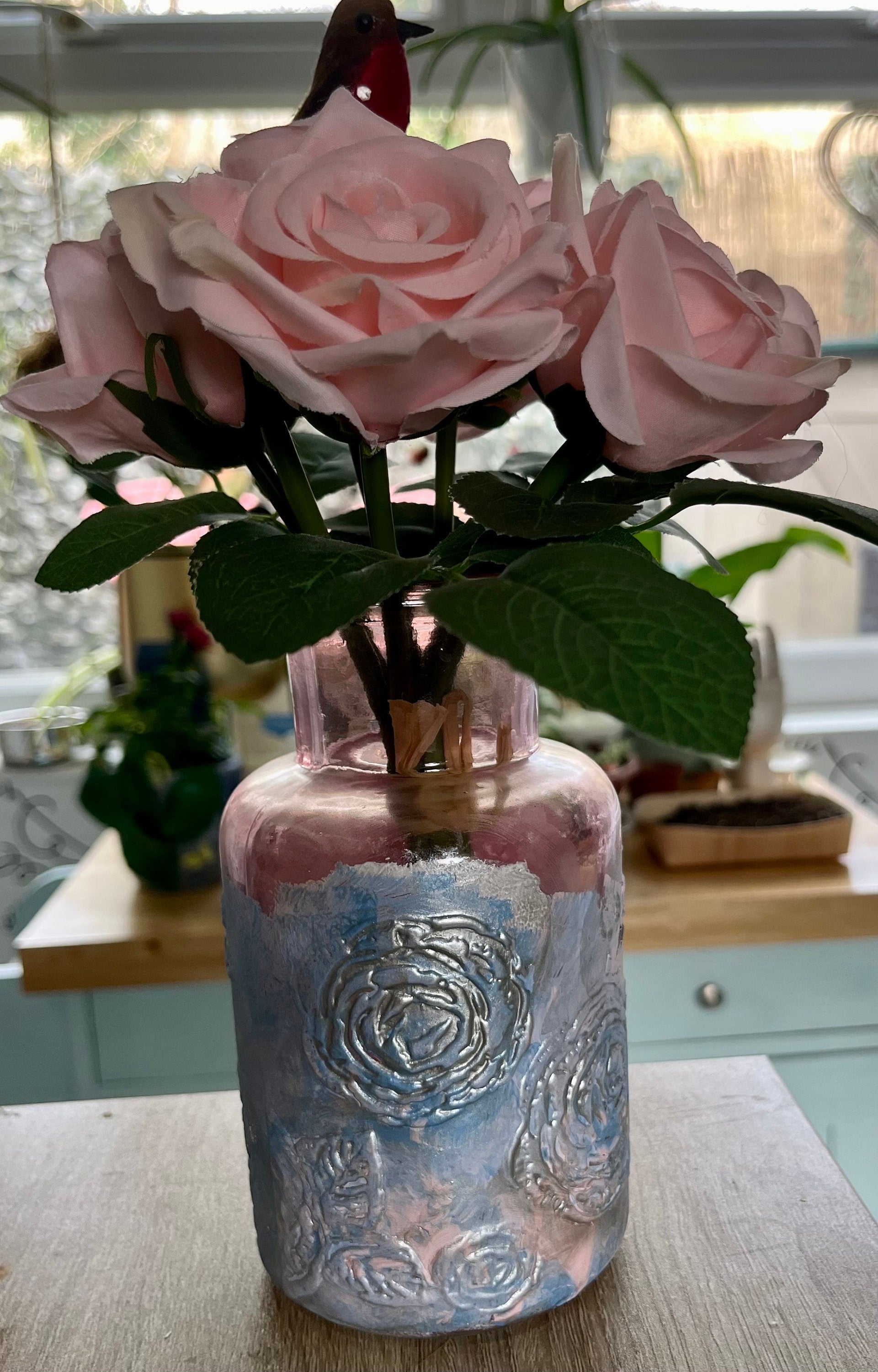 Soft pink, mauve and blue opalescent hand painted pink glass vase with raised rose design, gift for everyone, nice effect with light inside