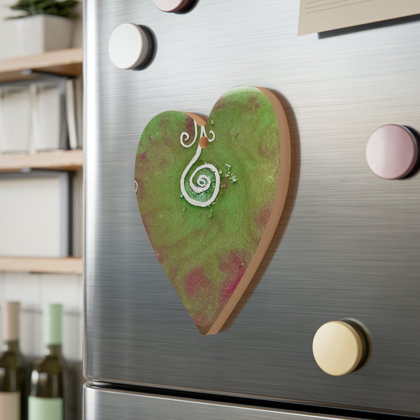 Heart shaped Wooden Ornament, fridge magnet, contains light codes to help your release, detox and upshift