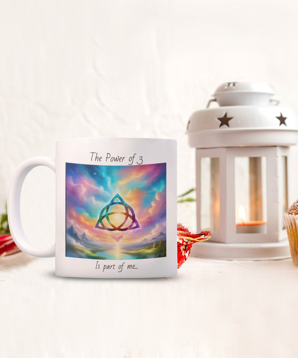 trquetra coffee mug, the power of three is part of me, 11oz, 15oz, colourful, bright, affirmation, empowered, sky, symbol, gift for charmed lovers