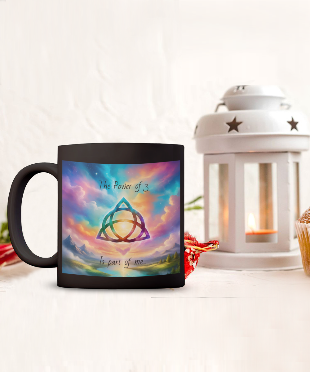 The power of 3 is part of me mug, 11oz, 15oz, black, white, colourful, affirmation, empowering, triquetra symbol, gift for charmed lovers