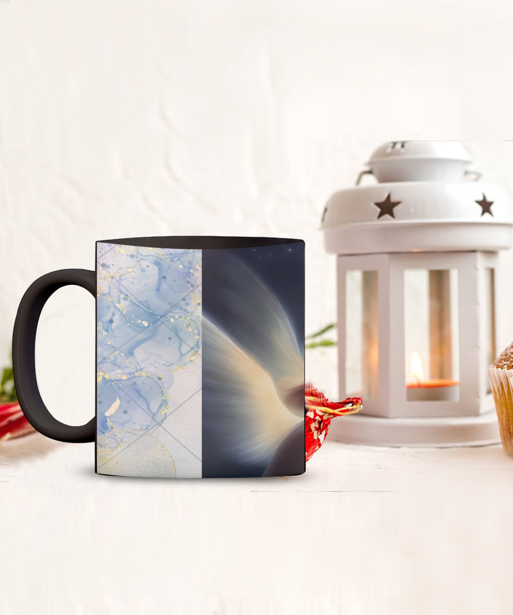 Full wrap mug, 11oz, 15oz, angel blowing on dandelion pod, making a wish