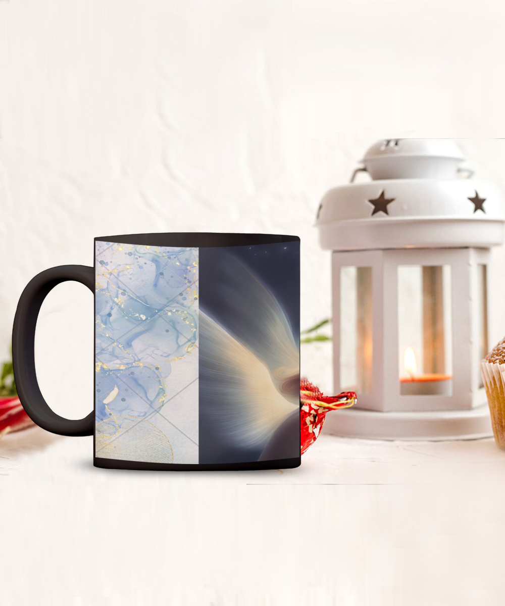 Full wrap mug, 11oz, 15oz, angel blowing on dandelion pod, making a wish