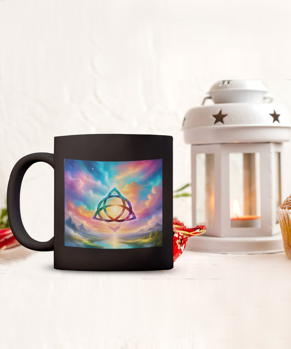 trquetra coffee mug, the power of three is part of me, 11oz, 15oz, colourful, bright, affirmation, empowered, sky, symbol, gift for charmed lovers