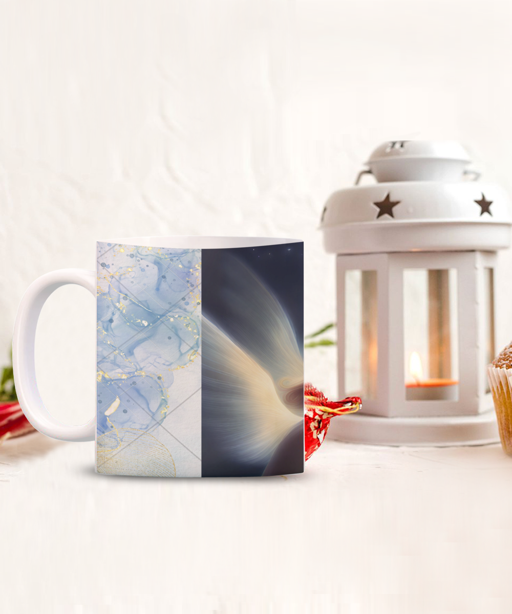 Full wrap mug, 11oz, 15oz, angel blowing on dandelion pod, making a wish