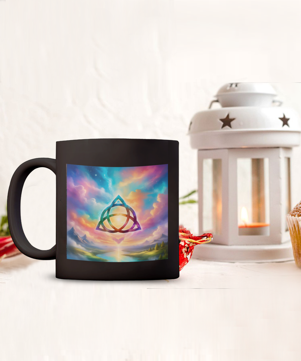 trquetra coffee mug, the power of three is part of me, 11oz, 15oz, colourful, bright, affirmation, empowered, sky, symbol, gift for charmed lovers