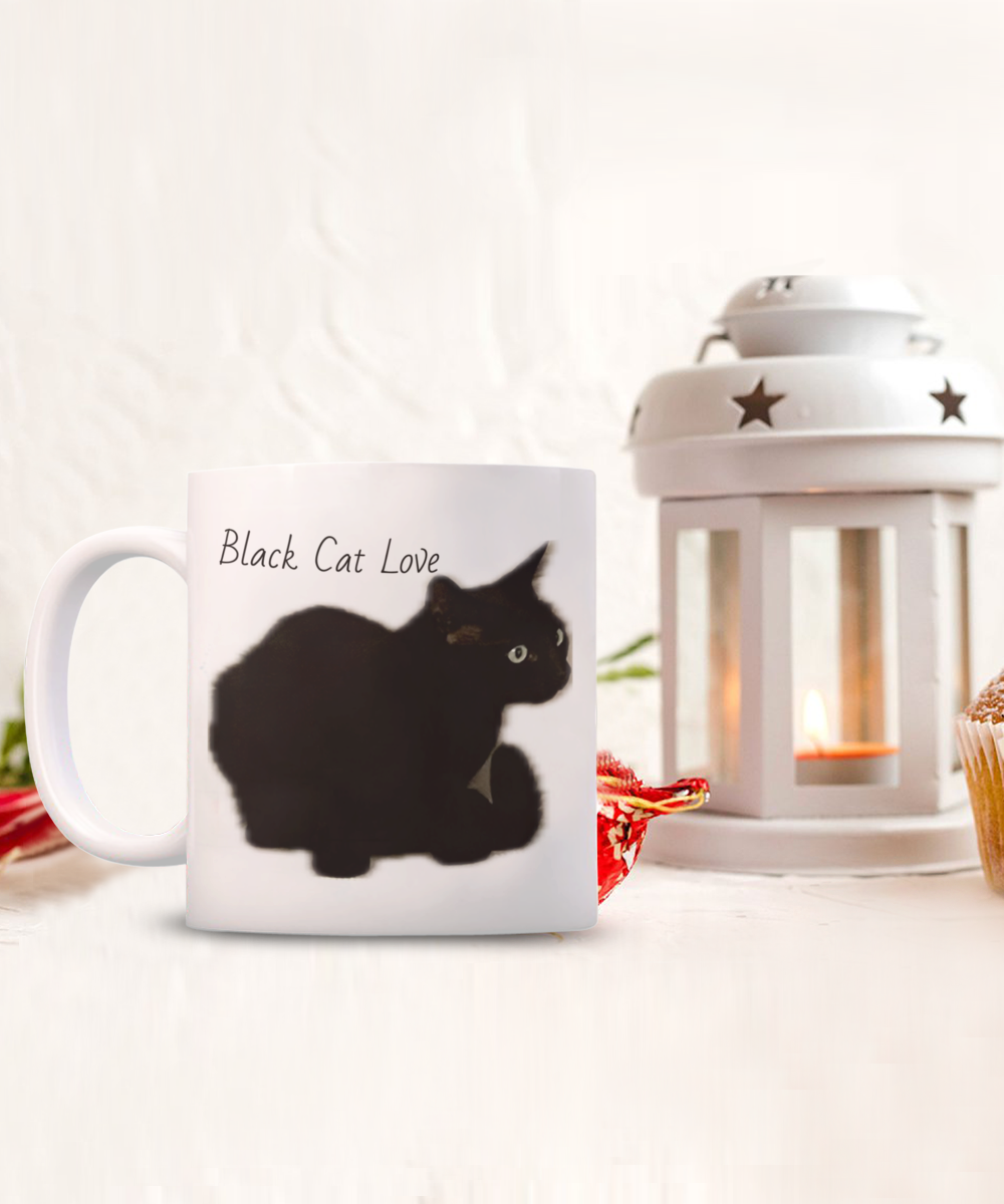 Black cat of the family, 11oz  or 15oz coffee mug, black cat love, black cat squatting, text and image on back of comfortable cat "I am the black cat of the family, I make myself comfortable in all the awkward places