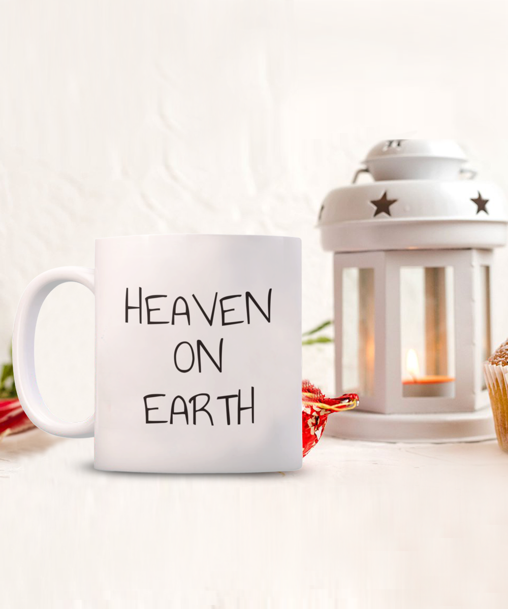 heaven on earth mug, large text and bright fantasy image of man in prayer hands and bright aura, 11oz, 15 oz mug, coffee cup, gift for spiritual male, female