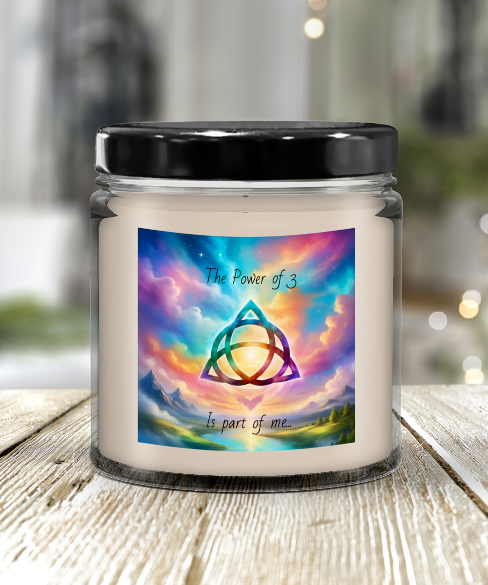 The power of 3 is part of me candle, vanilla scented, soy wax, container candle, spiritual, triquetra symbol, affirmation