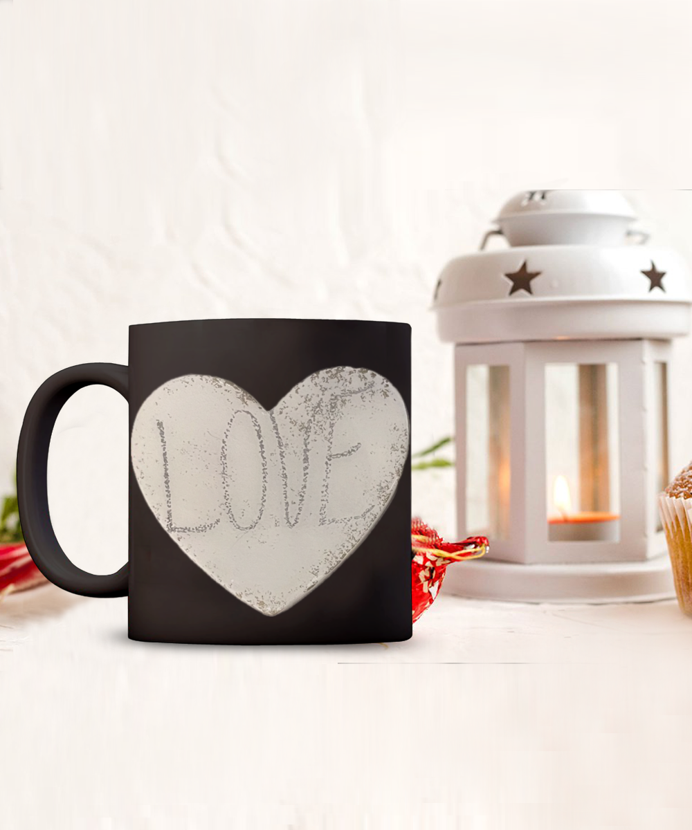 11oz love mug in black or white, stone look, love heart and text, gift for him or her, loved one