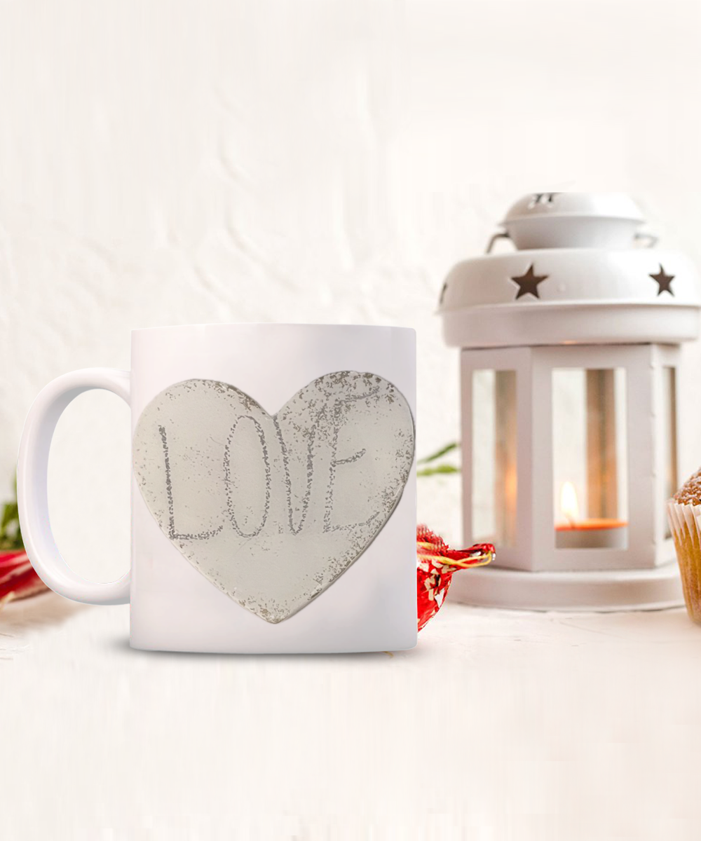 11oz love mug in black or white, stone look, love heart and text, gift for him or her, loved one